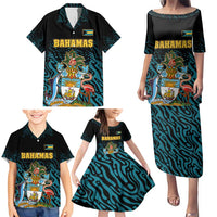 Bahamas Coat of Arms and Flag Family Matching Puletasi and Hawaiian Shirt with Blue Coral Pattern and Marlin Crest - Wonder Print Shop