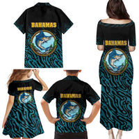 Bahamas Coat of Arms and Flag Family Matching Puletasi and Hawaiian Shirt with Blue Coral Pattern and Marlin Crest - Wonder Print Shop