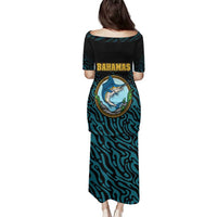 Bahamas Coat of Arms and Flag Family Matching Puletasi and Hawaiian Shirt with Blue Coral Pattern and Marlin Crest - Wonder Print Shop