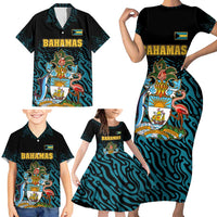 Bahamas Coat of Arms and Flag Family Matching Short Sleeve Bodycon Dress and Hawaiian Shirt with Blue Coral Pattern and Marlin Crest - Wonder Print Shop