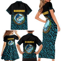 Bahamas Coat of Arms and Flag Family Matching Short Sleeve Bodycon Dress and Hawaiian Shirt with Blue Coral Pattern and Marlin Crest - Wonder Print Shop