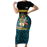 Bahamas Coat of Arms and Flag Family Matching Short Sleeve Bodycon Dress and Hawaiian Shirt with Blue Coral Pattern and Marlin Crest - Wonder Print Shop