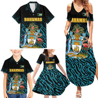 Bahamas Coat of Arms and Flag Family Matching Summer Maxi Dress and Hawaiian Shirt with Blue Coral Pattern and Marlin Crest - Wonder Print Shop