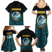 Bahamas Coat of Arms and Flag Family Matching Summer Maxi Dress and Hawaiian Shirt with Blue Coral Pattern and Marlin Crest - Wonder Print Shop