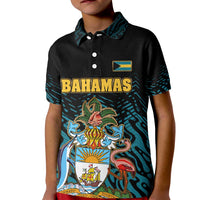 Bahamas Coat of Arms and Flag Kid Polo Shirt with Blue Coral Pattern and Marlin Crest - Wonder Print Shop