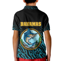 Bahamas Coat of Arms and Flag Kid Polo Shirt with Blue Coral Pattern and Marlin Crest - Wonder Print Shop