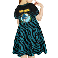 Bahamas Coat of Arms and Flag Kid Short Sleeve Dress with Blue Coral Pattern and Marlin Crest - Wonder Print Shop