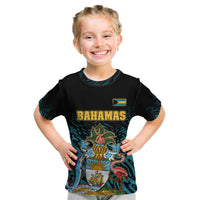 Bahamas Coat of Arms and Flag Kid T Shirt with Blue Coral Pattern and Marlin Crest - Wonder Print Shop