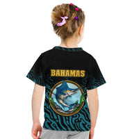 Bahamas Coat of Arms and Flag Kid T Shirt with Blue Coral Pattern and Marlin Crest - Wonder Print Shop