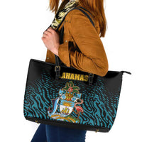 Bahamas Coat of Arms and Flag Leather Tote Bag with Blue Coral Pattern and Marlin Crest - Wonder Print Shop