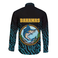 Bahamas Coat of Arms and Flag Long Sleeve Button Shirt with Blue Coral Pattern and Marlin Crest - Wonder Print Shop