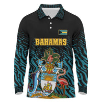 Bahamas Coat of Arms and Flag Long Sleeve Polo Shirt with Blue Coral Pattern and Marlin Crest - Wonder Print Shop