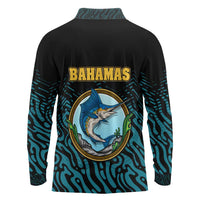 Bahamas Coat of Arms and Flag Long Sleeve Polo Shirt with Blue Coral Pattern and Marlin Crest - Wonder Print Shop