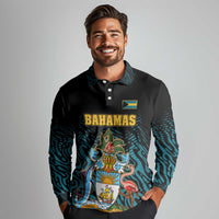 Bahamas Coat of Arms and Flag Long Sleeve Polo Shirt with Blue Coral Pattern and Marlin Crest - Wonder Print Shop