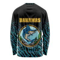 Bahamas Coat of Arms and Flag Long Sleeve Shirt with Blue Coral Pattern and Marlin Crest - Wonder Print Shop