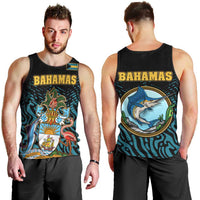 Bahamas Coat of Arms and Flag Men Tank Top with Blue Coral Pattern and Marlin Crest - Wonder Print Shop