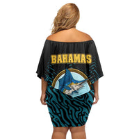 Bahamas Coat of Arms and Flag Off Shoulder Short Dress with Blue Coral Pattern and Marlin Crest - Wonder Print Shop
