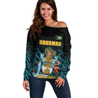 Bahamas Coat of Arms and Flag Off Shoulder Sweater with Blue Coral Pattern and Marlin Crest - Wonder Print Shop