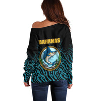 Bahamas Coat of Arms and Flag Off Shoulder Sweater with Blue Coral Pattern and Marlin Crest - Wonder Print Shop