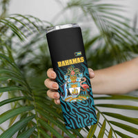 Bahamas Coat of Arms and Flag Skinny Tumbler with Blue Coral Pattern and Marlin Crest - Wonder Print Shop