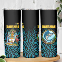 Bahamas Coat of Arms and Flag Skinny Tumbler with Blue Coral Pattern and Marlin Crest - Wonder Print Shop