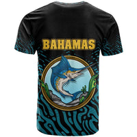 Bahamas Coat of Arms and Flag T Shirt with Blue Coral Pattern and Marlin Crest - Wonder Print Shop