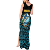 Bahamas Coat of Arms and Flag Tank Maxi Dress with Blue Coral Pattern and Marlin Crest - Wonder Print Shop