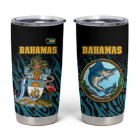 Bahamas Coat of Arms and Flag Tumbler Cup with Blue Coral Pattern and Marlin Crest - Wonder Print Shop