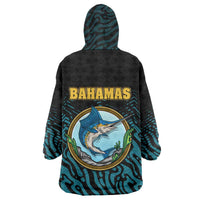 Bahamas Coat of Arms and Flag Wearable Blanket Hoodie with Blue Coral Pattern and Marlin Crest - Wonder Print Shop