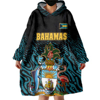 Bahamas Coat of Arms and Flag Wearable Blanket Hoodie with Blue Coral Pattern and Marlin Crest - Wonder Print Shop