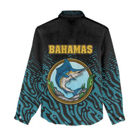Bahamas Coat of Arms and Flag Women Casual Shirt with Blue Coral Pattern and Marlin Crest - Wonder Print Shop