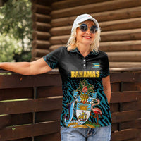 Bahamas Coat of Arms and Flag Women Polo Shirt with Blue Coral Pattern and Marlin Crest - Wonder Print Shop