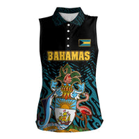 Bahamas Coat of Arms and Flag Women Sleeveless Polo Shirt with Blue Coral Pattern and Marlin Crest - Wonder Print Shop