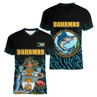 Bahamas Coat of Arms and Flag Women V-Neck T-Shirt with Blue Coral Pattern and Marlin Crest - Wonder Print Shop