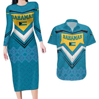 Bahamas Couples Matching Long Sleeve Bodycon Dress and Hawaiian Shirt with Blue Marlin Fish Tribal Chevron Flag Spirit