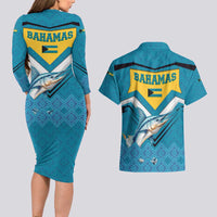 Bahamas Couples Matching Long Sleeve Bodycon Dress and Hawaiian Shirt with Blue Marlin Fish Tribal Chevron Flag Spirit