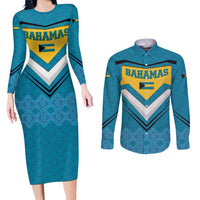 Bahamas Couples Matching Long Sleeve Bodycon Dress and Long Sleeve Button Shirt with Blue Marlin Fish Tribal Chevron Flag Spirit