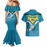 Bahamas Couples Matching Mermaid Dress and Hawaiian Shirt with Blue Marlin Fish Tribal Chevron Flag Spirit
