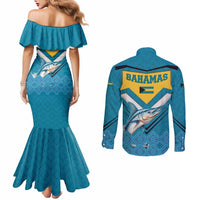 Bahamas Couples Matching Mermaid Dress and Long Sleeve Button Shirt with Blue Marlin Fish Tribal Chevron Flag Spirit