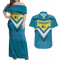 Bahamas Couples Matching Off Shoulder Maxi Dress and Hawaiian Shirt with Blue Marlin Fish Tribal Chevron Flag Spirit