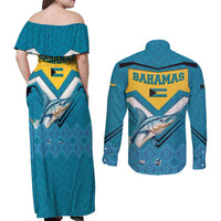 Bahamas Couples Matching Off Shoulder Maxi Dress and Long Sleeve Button Shirt with Blue Marlin Fish Tribal Chevron Flag Spirit