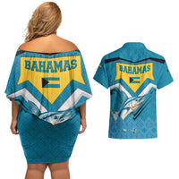 Bahamas Couples Matching Off Shoulder Short Dress and Hawaiian Shirt with Blue Marlin Fish Tribal Chevron Flag Spirit