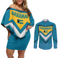 Bahamas Couples Matching Off Shoulder Short Dress and Long Sleeve Button Shirt with Blue Marlin Fish Tribal Chevron Flag Spirit