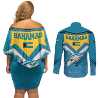 Bahamas Couples Matching Off Shoulder Short Dress and Long Sleeve Button Shirt with Blue Marlin Fish Tribal Chevron Flag Spirit