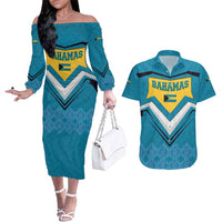 Bahamas Couples Matching Off The Shoulder Long Sleeve Dress and Hawaiian Shirt with Blue Marlin Fish Tribal Chevron Flag Spirit