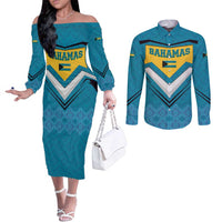Bahamas Couples Matching Off The Shoulder Long Sleeve Dress and Long Sleeve Button Shirt with Blue Marlin Fish Tribal Chevron Flag Spirit
