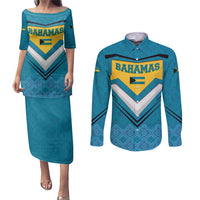 Bahamas Couples Matching Puletasi and Long Sleeve Button Shirt with Blue Marlin Fish Tribal Chevron Flag Spirit