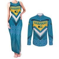 Bahamas Couples Matching Tank Maxi Dress and Long Sleeve Button Shirt with Blue Marlin Fish Tribal Chevron Flag Spirit