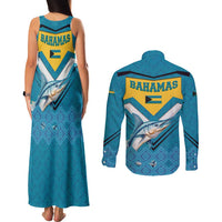 Bahamas Couples Matching Tank Maxi Dress and Long Sleeve Button Shirt with Blue Marlin Fish Tribal Chevron Flag Spirit
