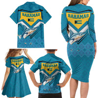 Bahamas Family Matching Long Sleeve Bodycon Dress and Hawaiian Shirt with Blue Marlin Fish Tribal Chevron Flag Spirit